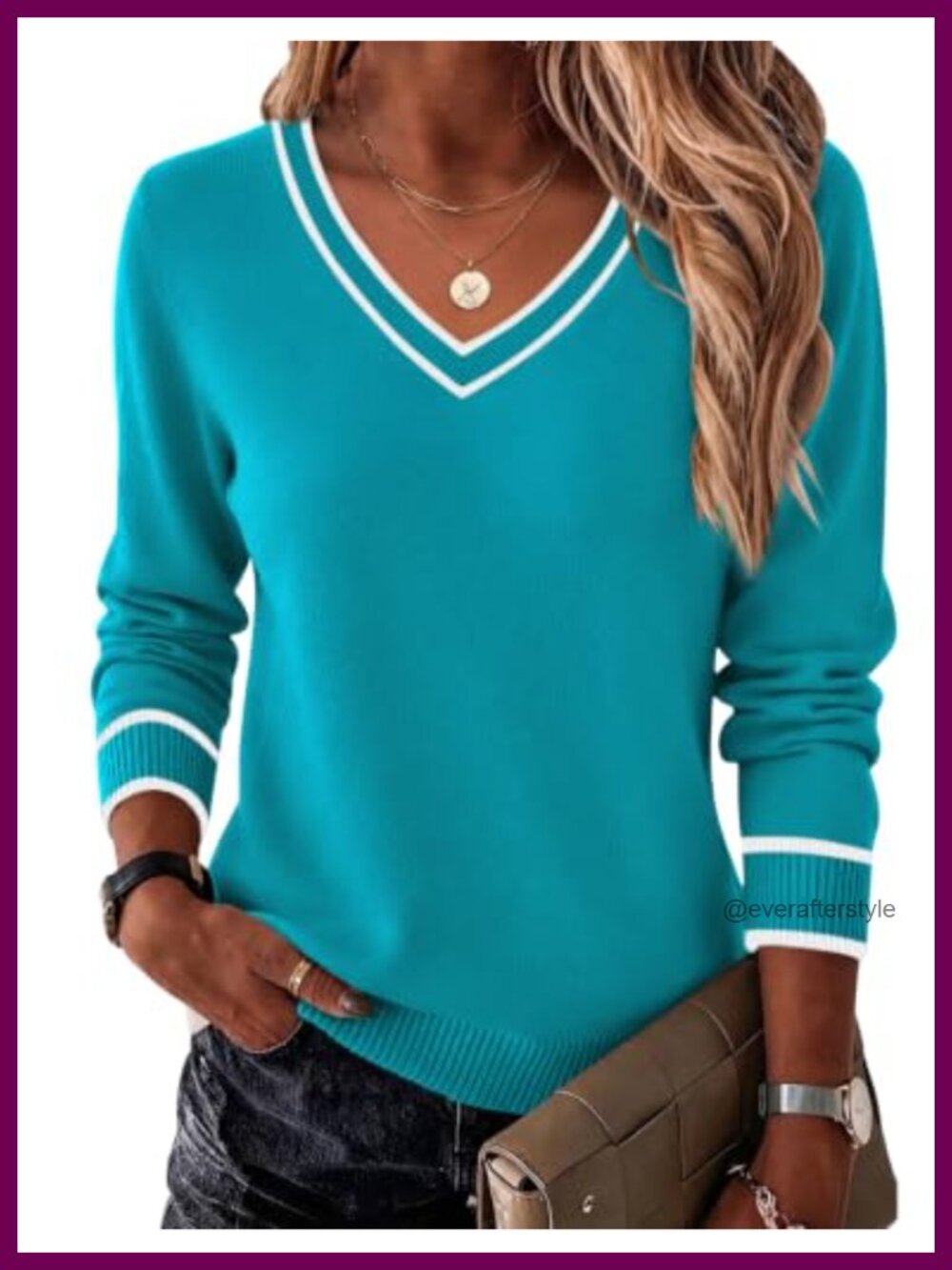 Women's V-Neck Pullover Sweater Long Sleeve Soft Knit